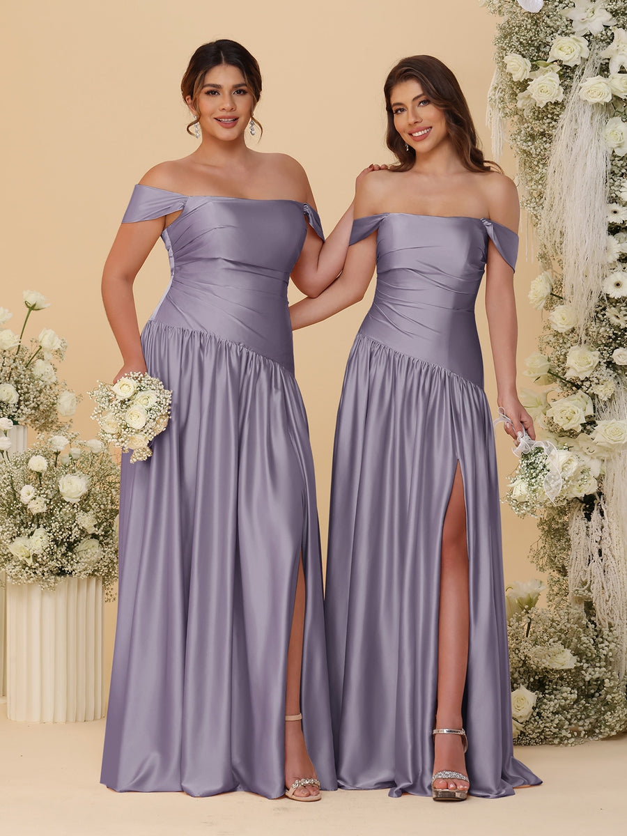 A-Line/Princess Off-the-Shoulder Ruched Long Bridesmaid Dresses With Side Slit & Pleats Wisteria