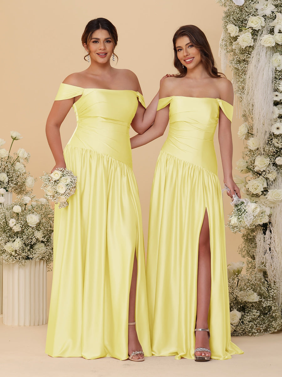 A-Line/Princess Off-the-Shoulder Ruched Long Bridesmaid Dresses With Side Slit & Pleats Yellow