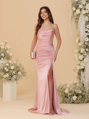 Sheath/Column Spaghetti Straps Sleeveless Ruched Long Bridesmaid Dresses With Side Slit