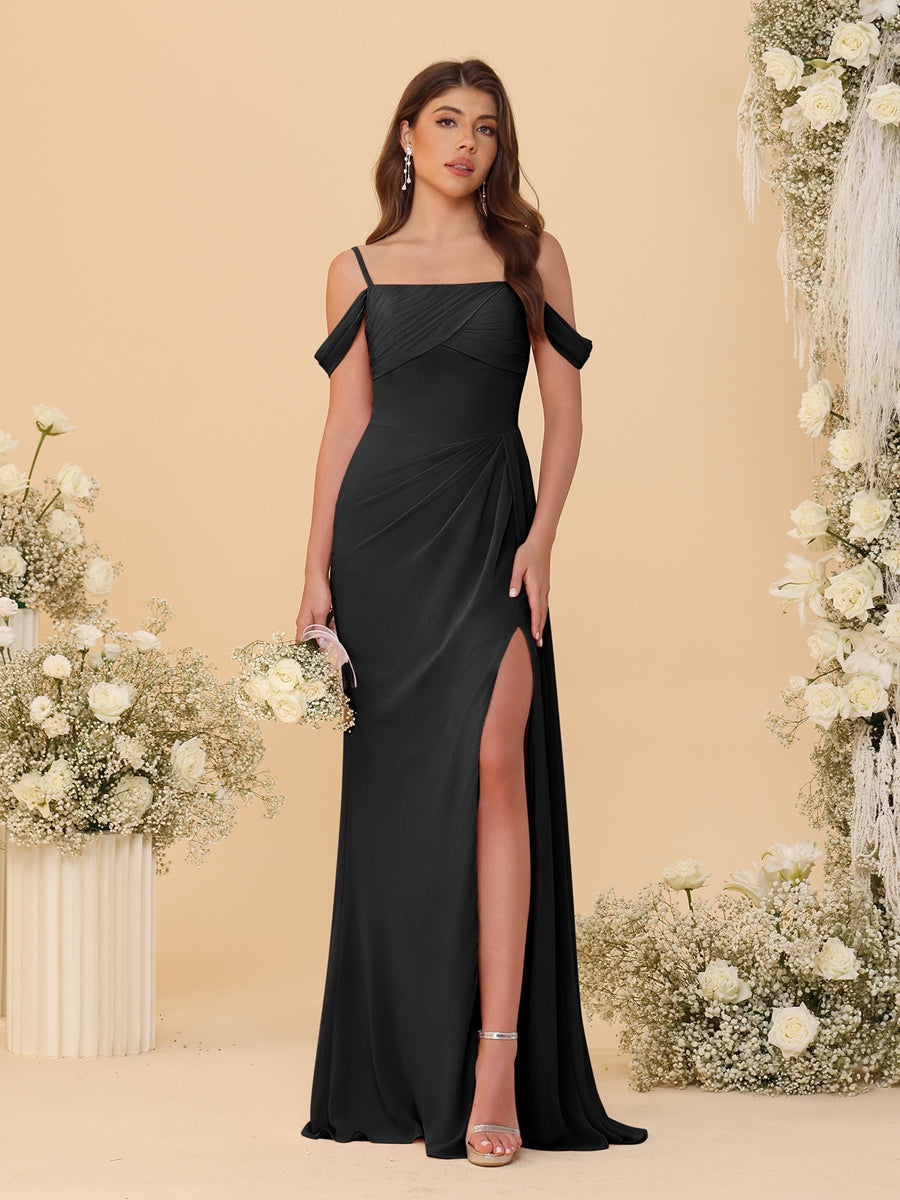 Sheath/Column Off-the-Shoulder Spaghetti Straps Long Ruched Bridesmaid Dresses With Side Slit Black