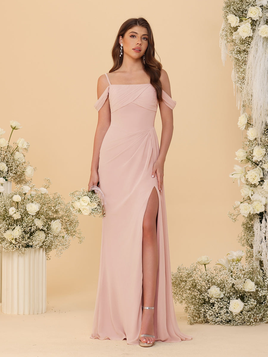 Sheath/Column Off-the-Shoulder Spaghetti Straps Long Ruched Bridesmaid Dresses With Side Slit Blush Pink