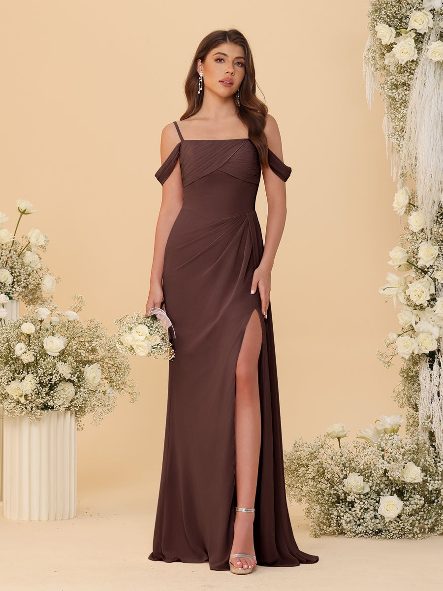 Sheath/Column Off-the-Shoulder Spaghetti Straps Long Ruched Bridesmaid Dresses With Side Slit Brown