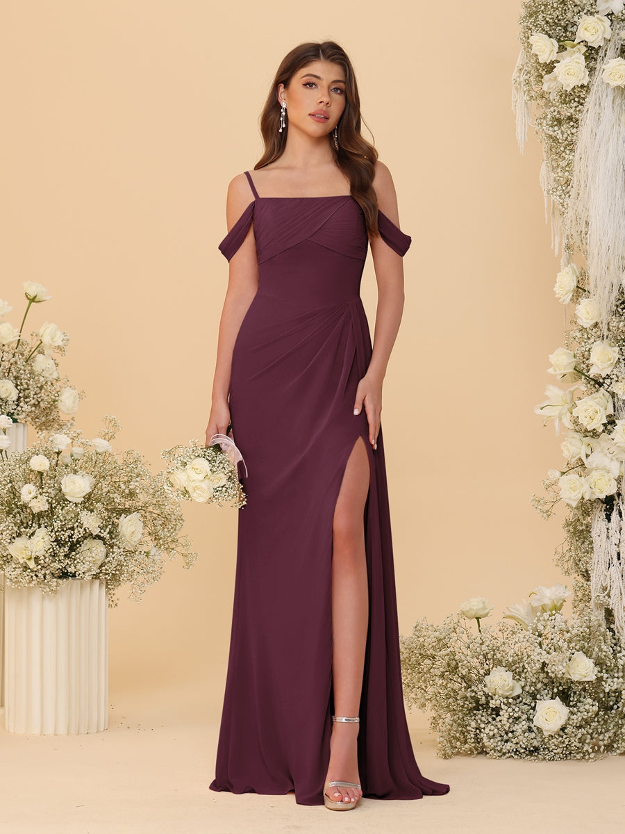 Sheath/Column Off-the-Shoulder Spaghetti Straps Long Ruched Bridesmaid Dresses With Side Slit Burgundy