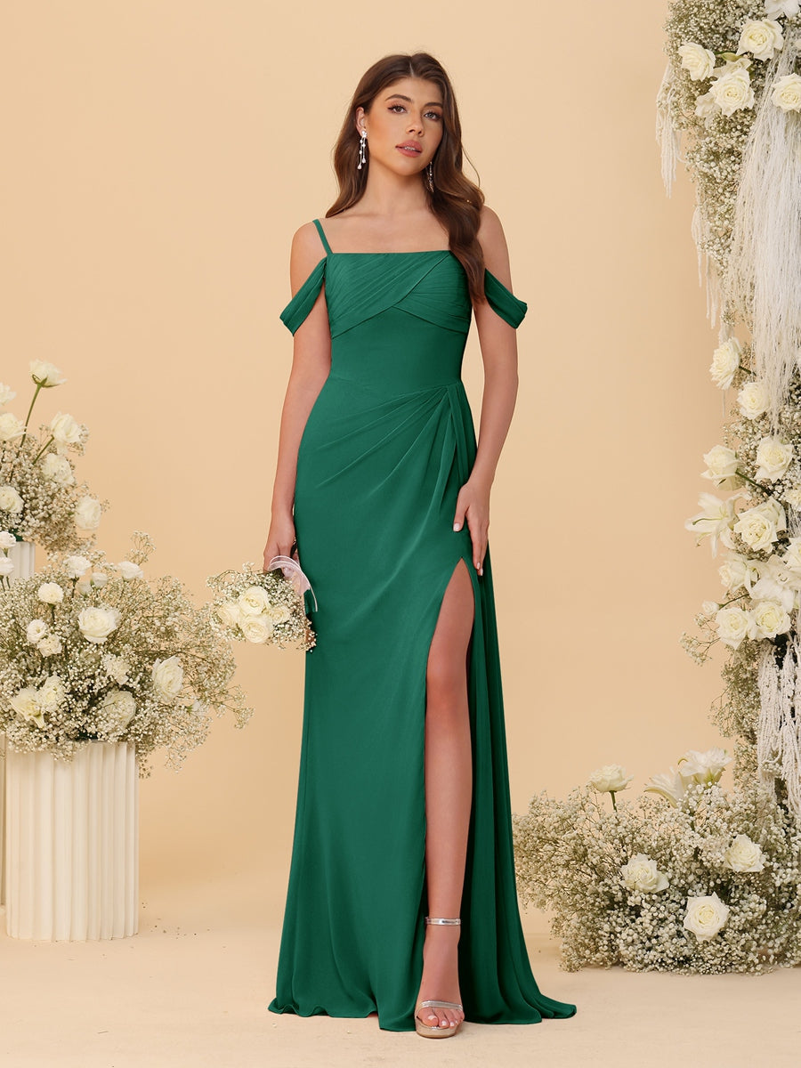Sheath/Column Off-the-Shoulder Spaghetti Straps Long Ruched Bridesmaid Dresses With Side Slit Dark Green