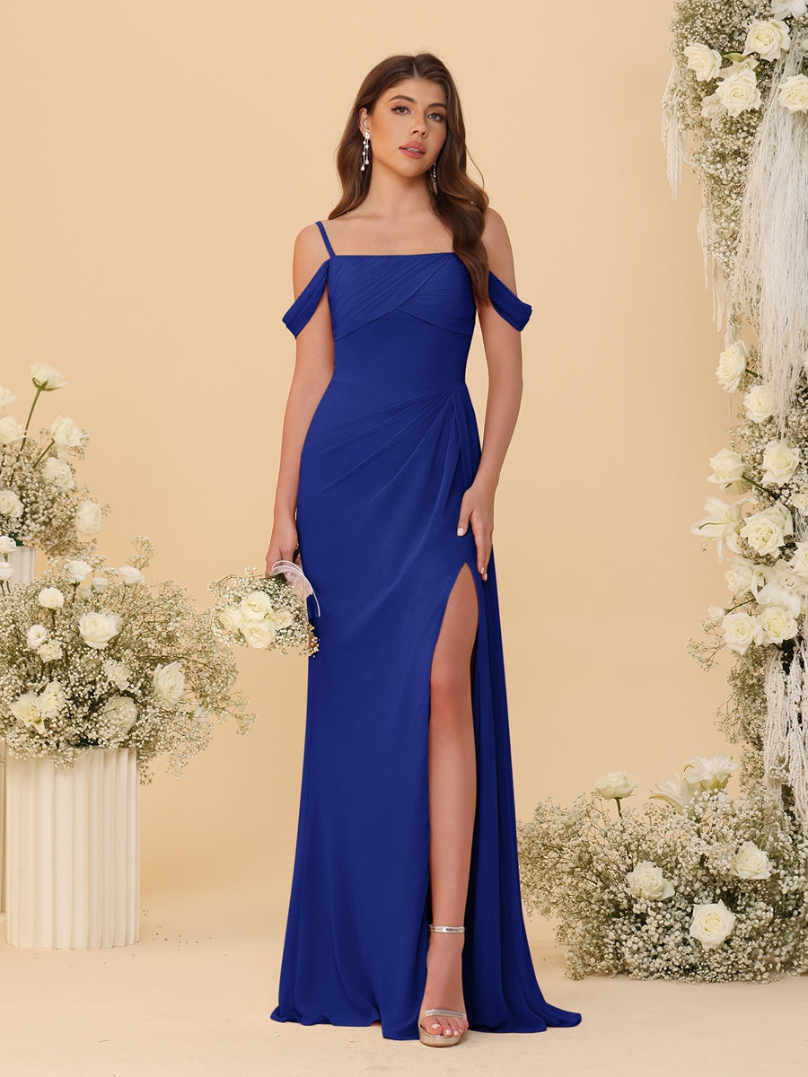 Sheath/Column Off-the-Shoulder Spaghetti Straps Long Ruched Bridesmaid Dresses With Side Slit Dark Royal Blue