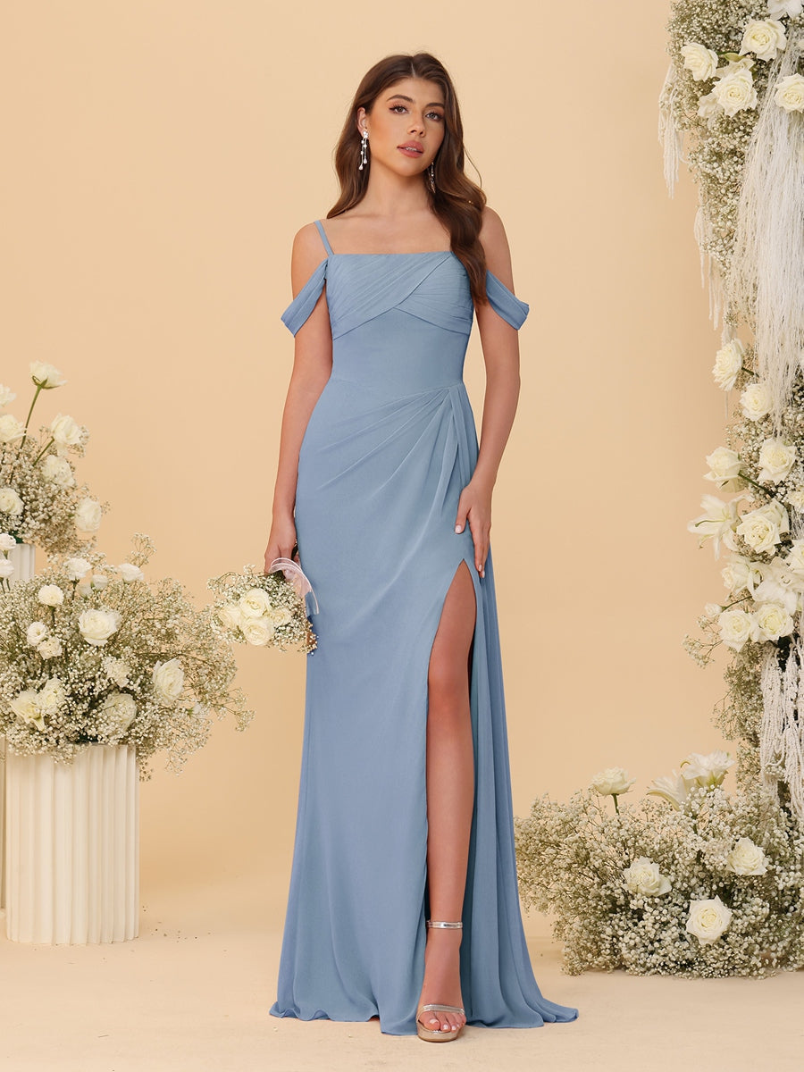 Sheath/Column Off-the-Shoulder Spaghetti Straps Long Ruched Bridesmaid Dresses With Side Slit Dusty Blue