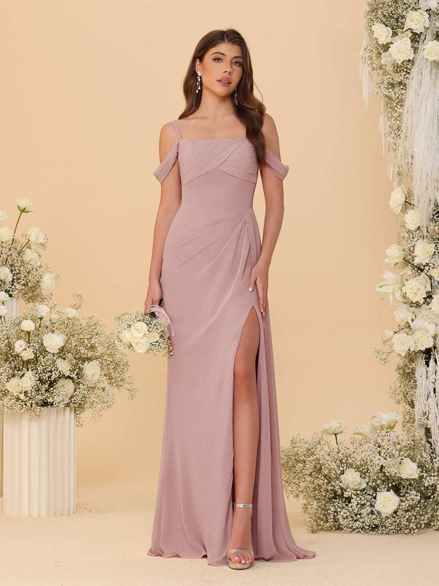 Sheath/Column Off-the-Shoulder Spaghetti Straps Long Ruched Bridesmaid Dresses With Side Slit Dusty Pink