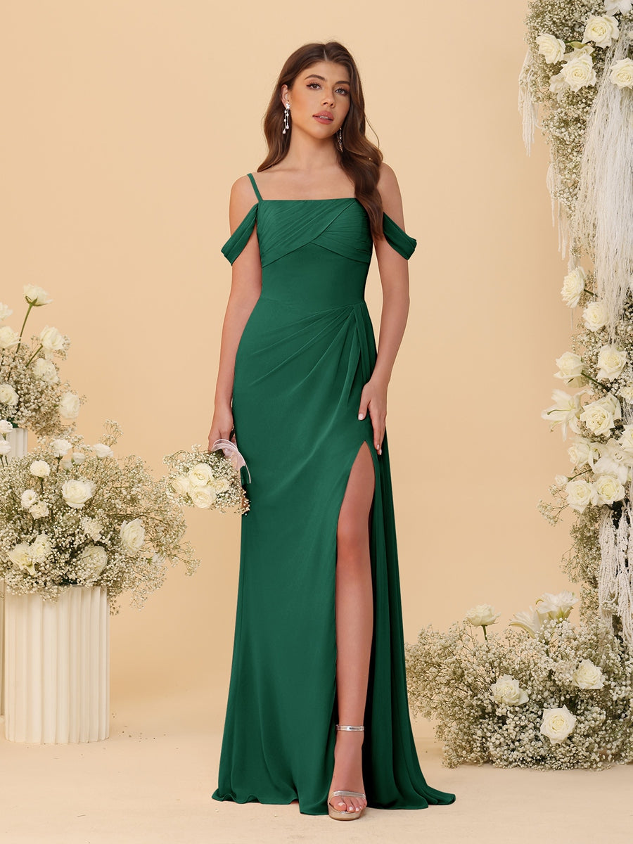 Sheath/Column Off-the-Shoulder Spaghetti Straps Long Ruched Bridesmaid Dresses With Side Slit Emerald