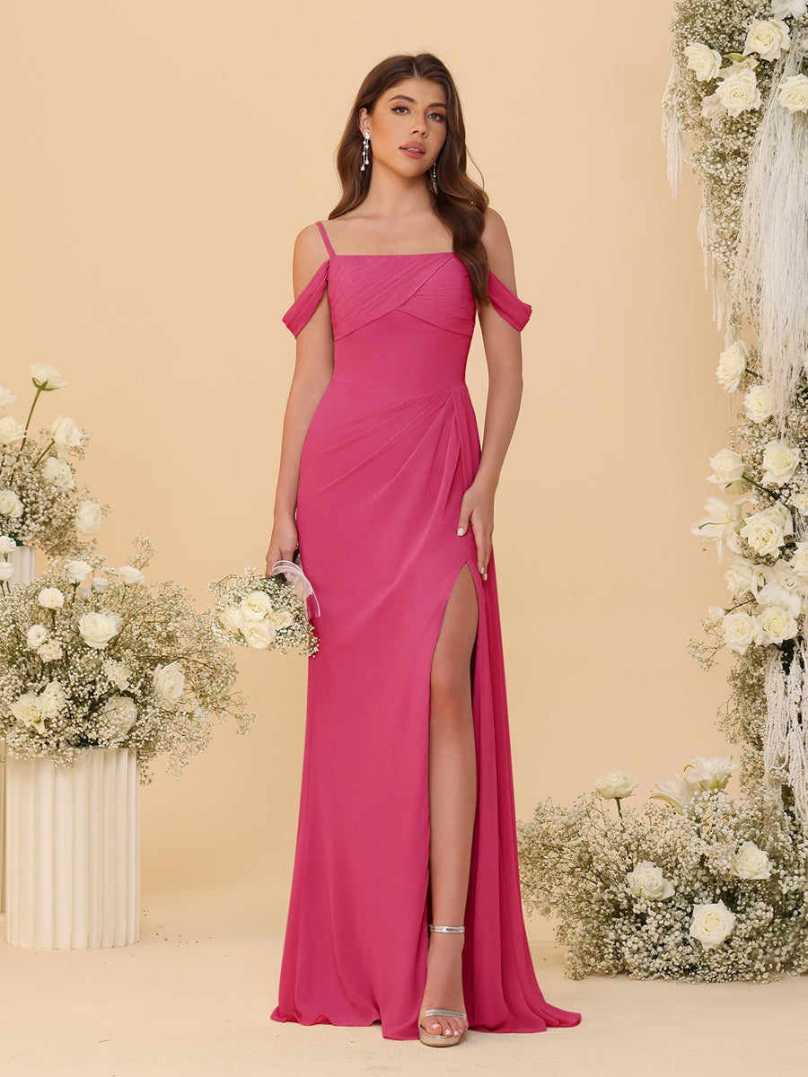 Sheath/Column Off-the-Shoulder Spaghetti Straps Long Ruched Bridesmaid Dresses With Side Slit Fuchsia