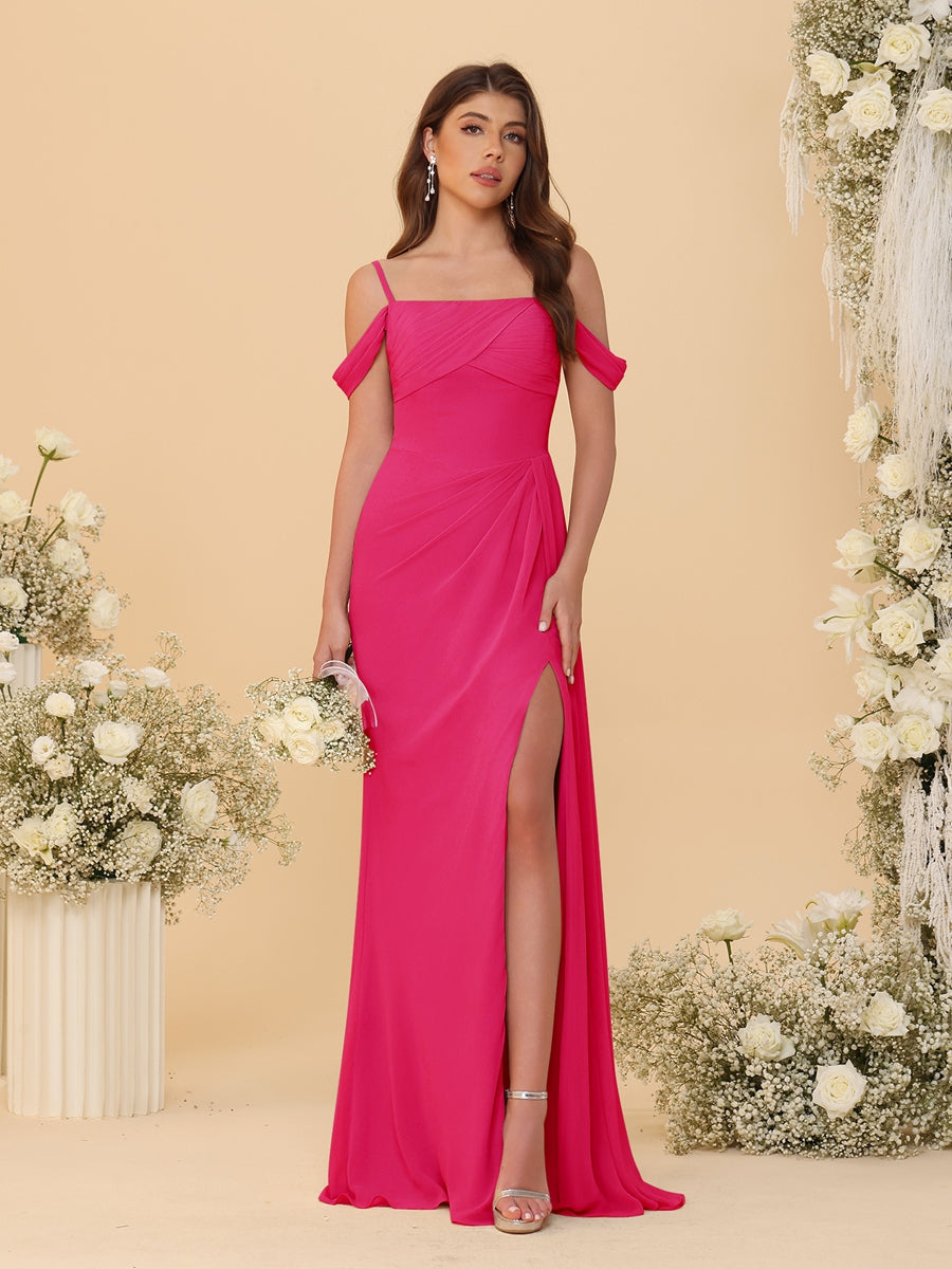 Sheath/Column Off-the-Shoulder Spaghetti Straps Long Ruched Bridesmaid Dresses With Side Slit Fuchsia Pink