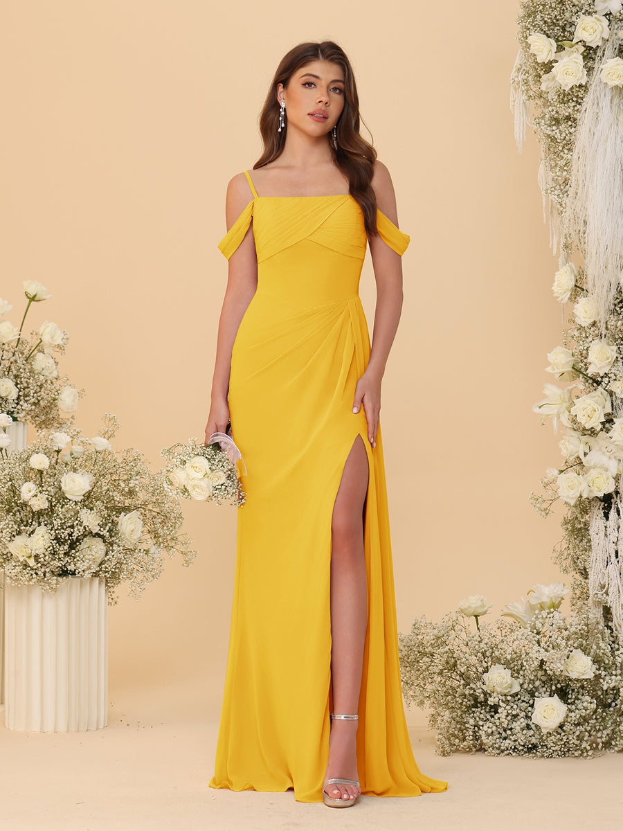 Sheath/Column Off-the-Shoulder Spaghetti Straps Long Ruched Bridesmaid Dresses With Side Slit Gold