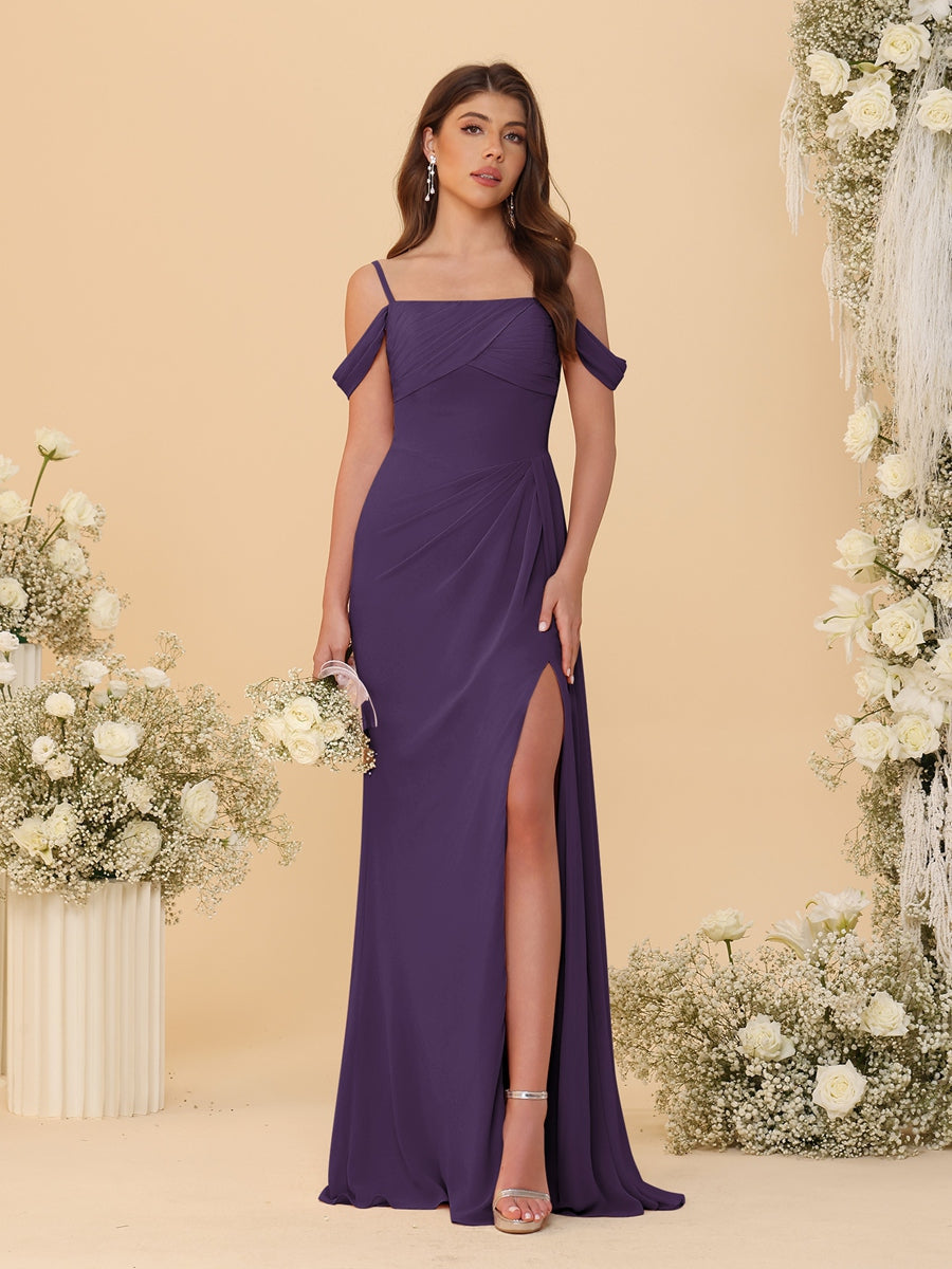 Sheath/Column Off-the-Shoulder Spaghetti Straps Long Ruched Bridesmaid Dresses With Side Slit Grape