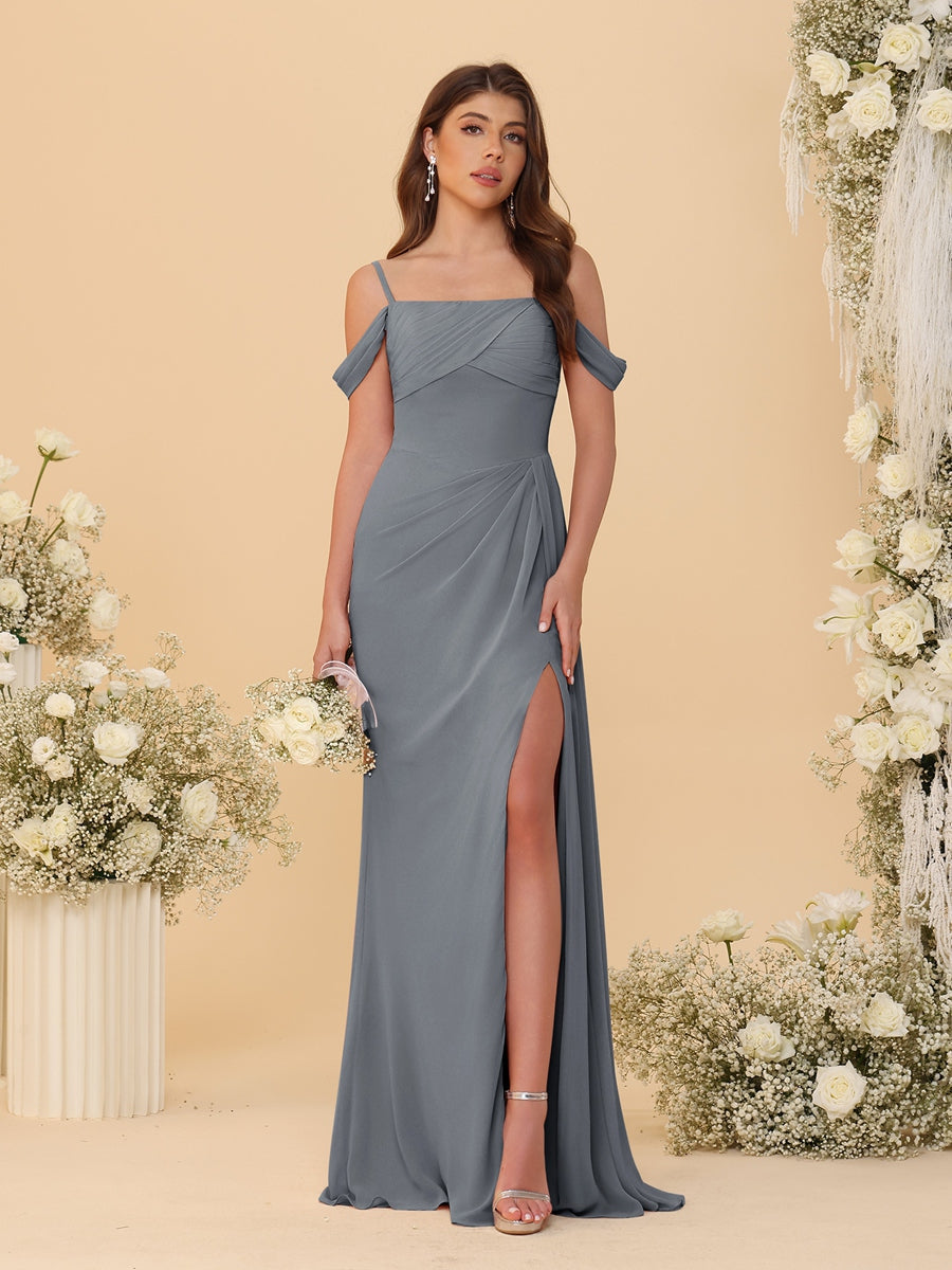 Sheath/Column Off-the-Shoulder Spaghetti Straps Long Ruched Bridesmaid Dresses With Side Slit Gray
