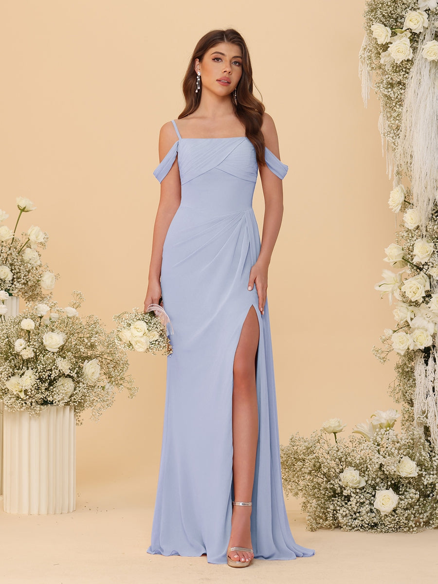 Sheath/Column Off-the-Shoulder Spaghetti Straps Long Ruched Bridesmaid Dresses With Side Slit Lavender