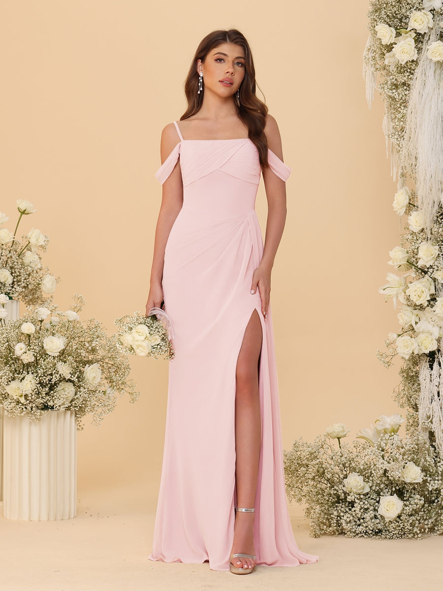 Sheath/Column Off-the-Shoulder Spaghetti Straps Long Ruched Bridesmaid Dresses With Side Slit Light Pink