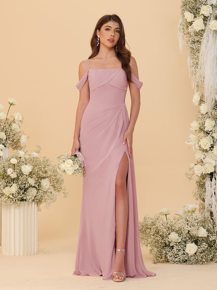 Sheath/Column Off-the-Shoulder Spaghetti Straps Long Ruched Bridesmaid Dresses With Side Slit Mauve