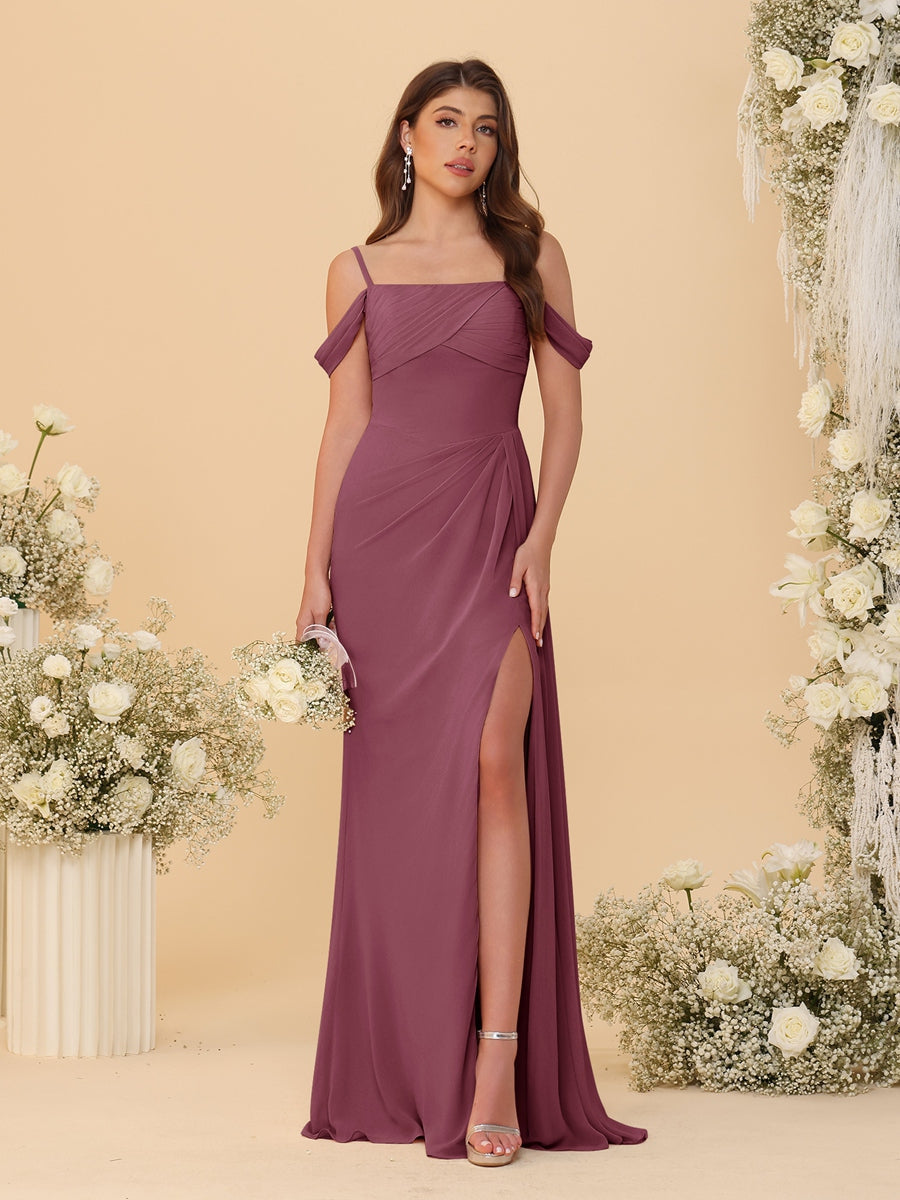 Sheath/Column Off-the-Shoulder Spaghetti Straps Long Ruched Bridesmaid Dresses With Side Slit Mulberry