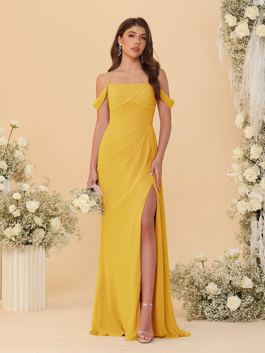 Sheath/Column Off-the-Shoulder Spaghetti Straps Long Ruched Bridesmaid Dresses With Side Slit Mustard Yellow