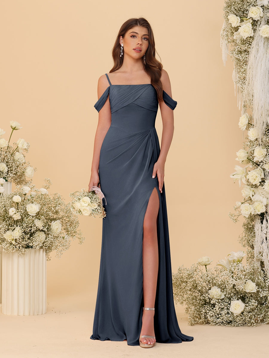 Sheath/Column Off-the-Shoulder Spaghetti Straps Long Ruched Bridesmaid Dresses With Side Slit Navy Blue