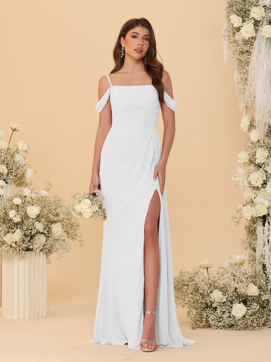 Sheath/Column Off-the-Shoulder Spaghetti Straps Long Ruched Bridesmaid Dresses With Side Slit Off White