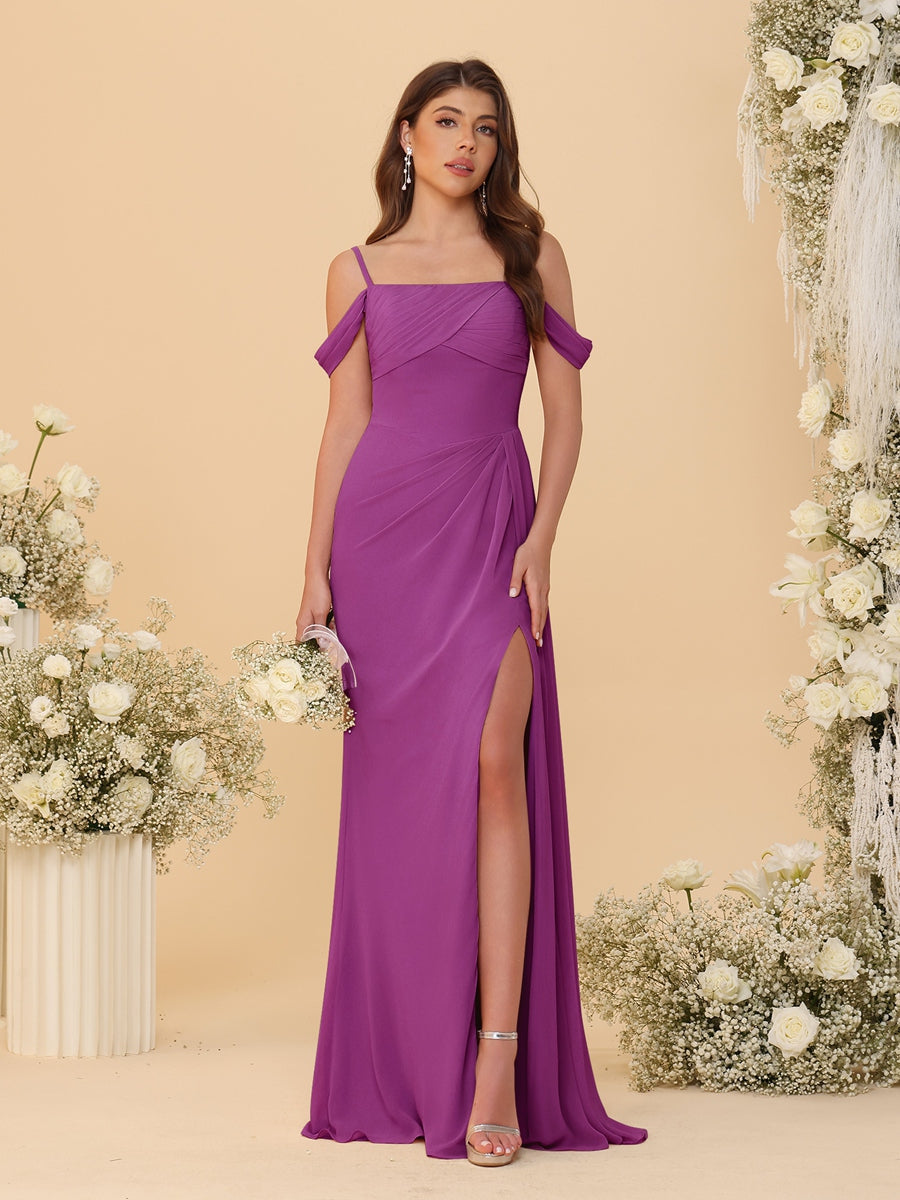 Sheath/Column Off-the-Shoulder Spaghetti Straps Long Ruched Bridesmaid Dresses With Side Slit Orchid
