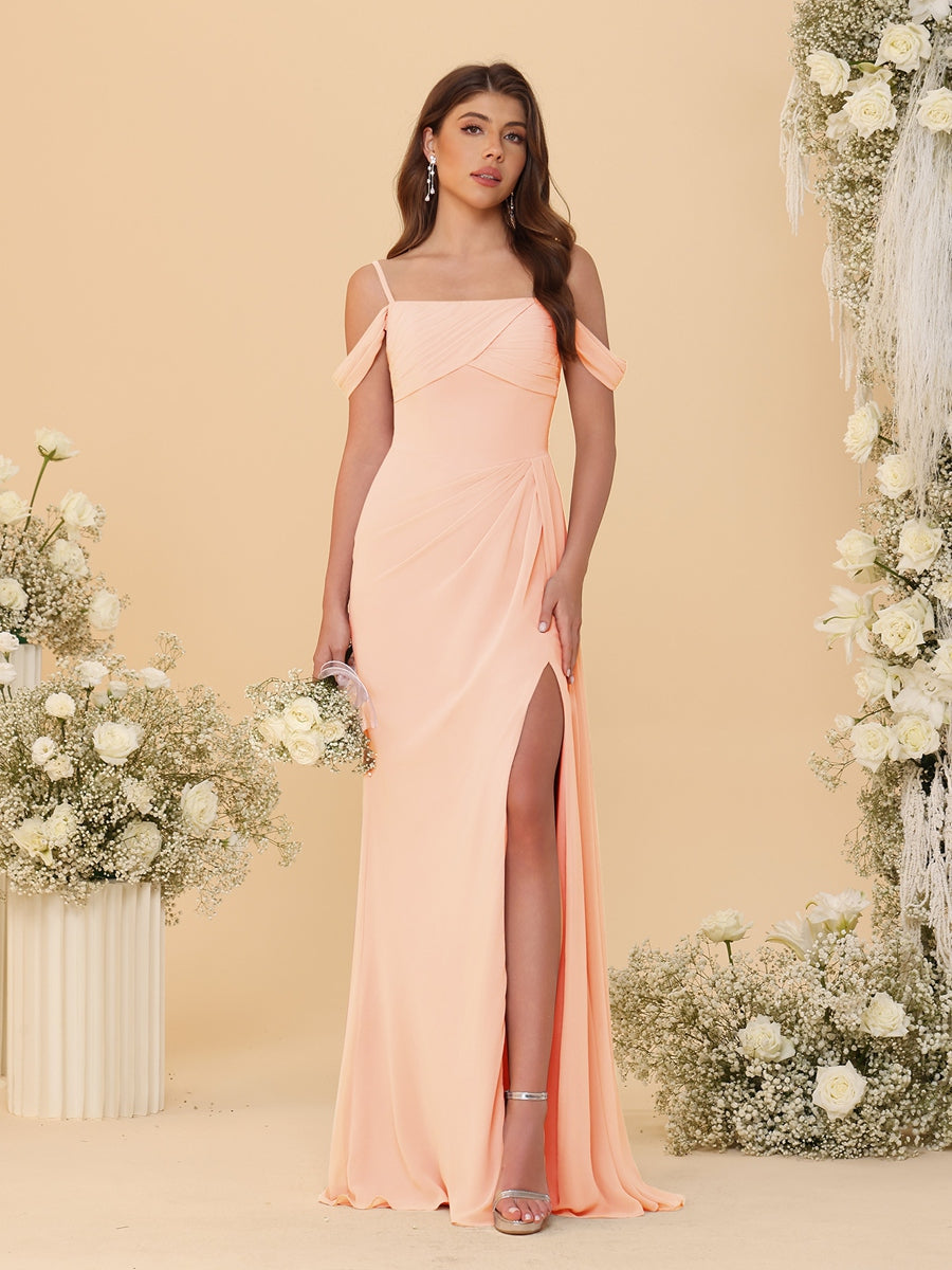 Sheath/Column Off-the-Shoulder Spaghetti Straps Long Ruched Bridesmaid Dresses With Side Slit Peach Pink
