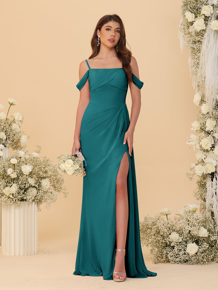 Sheath/Column Off-the-Shoulder Spaghetti Straps Long Ruched Bridesmaid Dresses With Side Slit Peacock