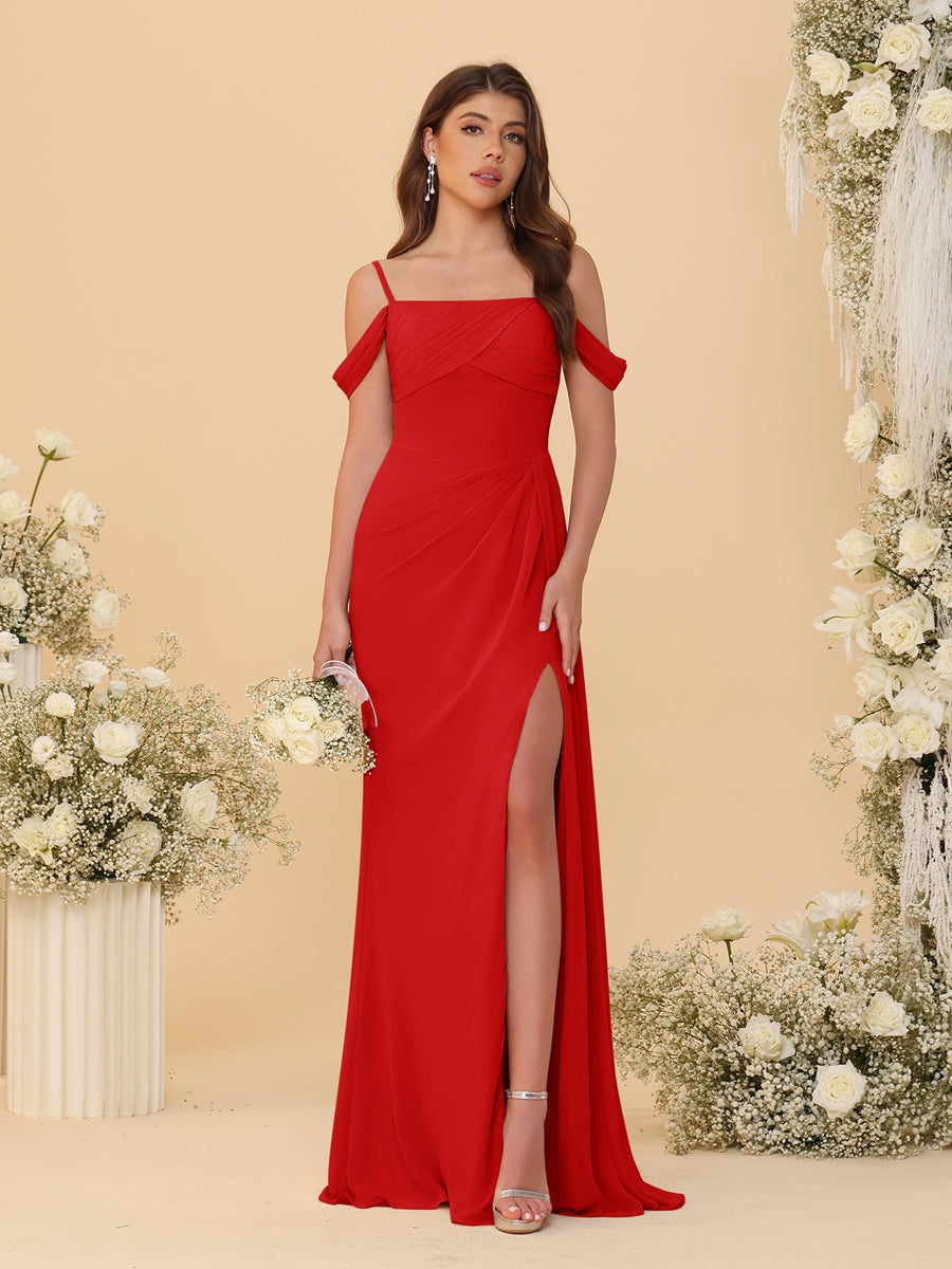 Sheath/Column Off-the-Shoulder Spaghetti Straps Long Ruched Bridesmaid Dresses With Side Slit Red