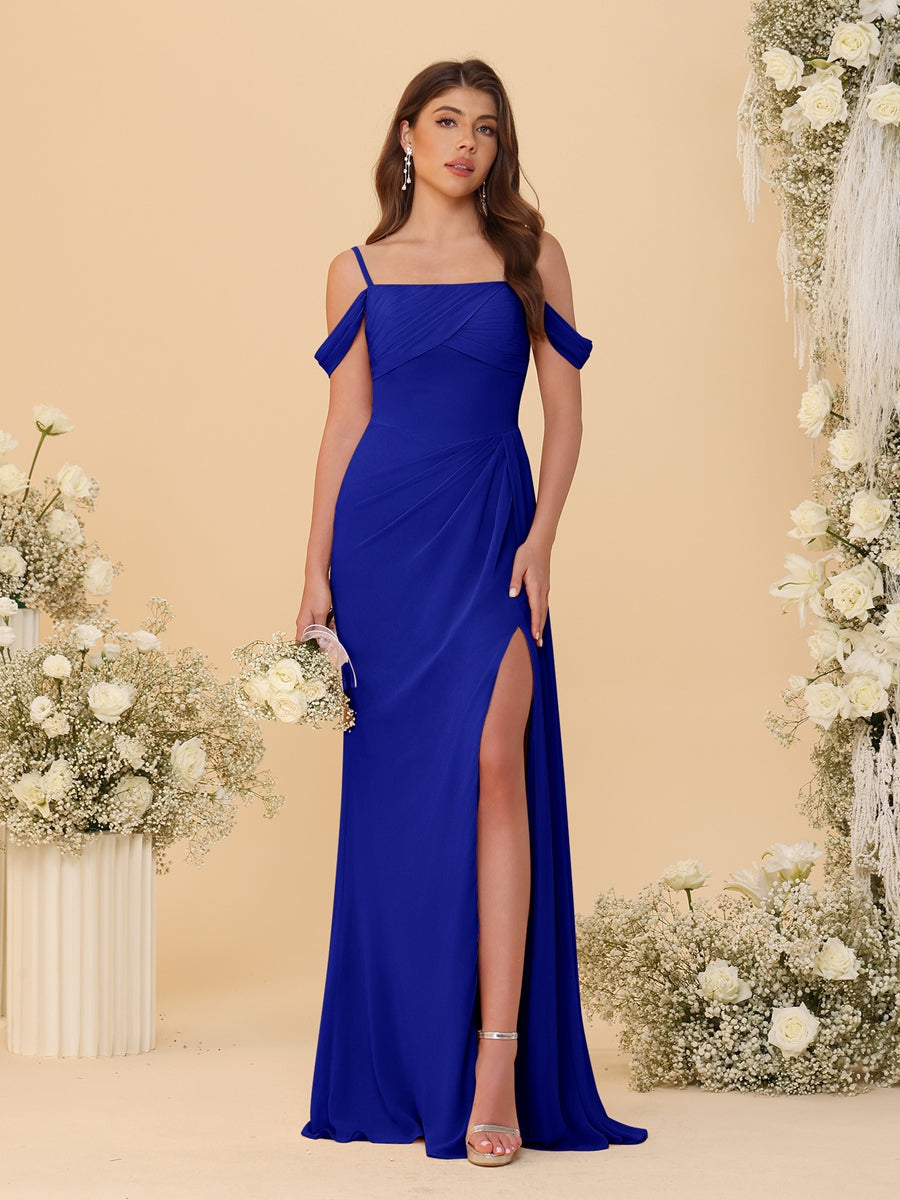 Sheath/Column Off-the-Shoulder Spaghetti Straps Long Ruched Bridesmaid Dresses With Side Slit Royal Blue