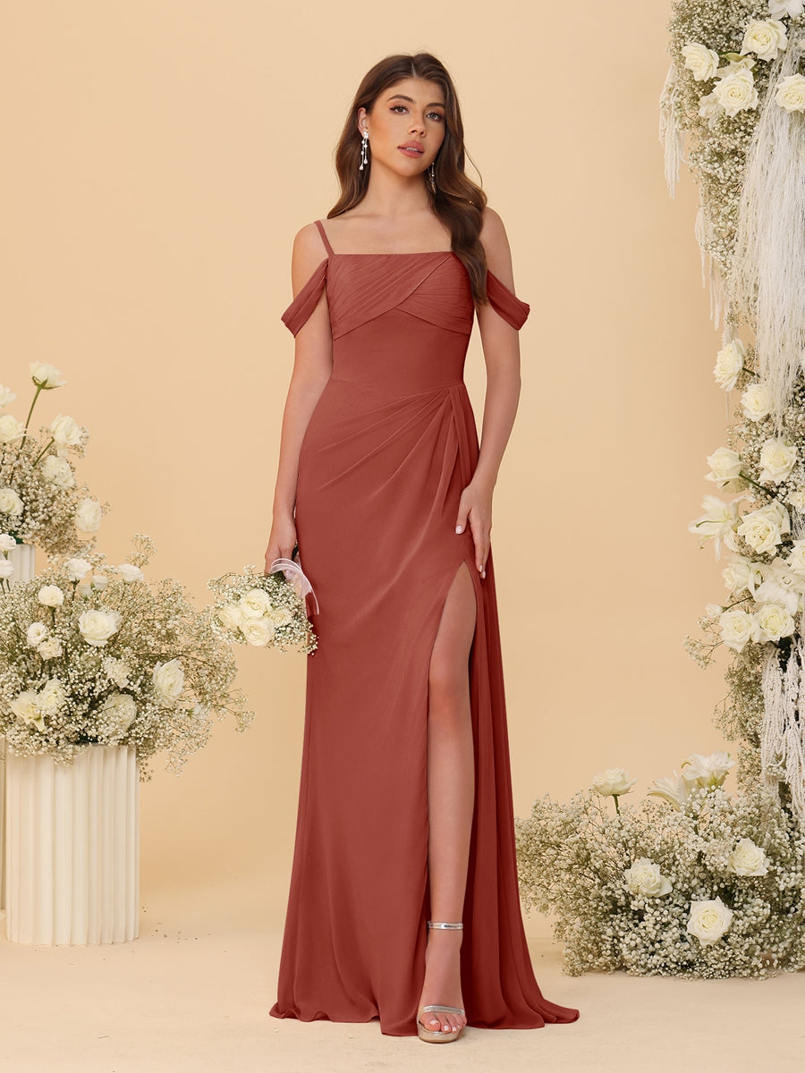 Sheath/Column Off-the-Shoulder Spaghetti Straps Long Ruched Bridesmaid Dresses With Side Slit Rust