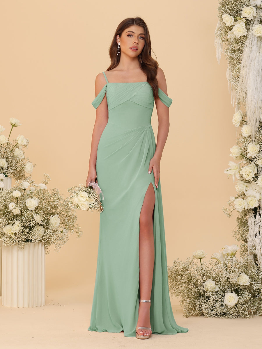 Sheath/Column Off-the-Shoulder Spaghetti Straps Long Ruched Bridesmaid Dresses With Side Slit Sage