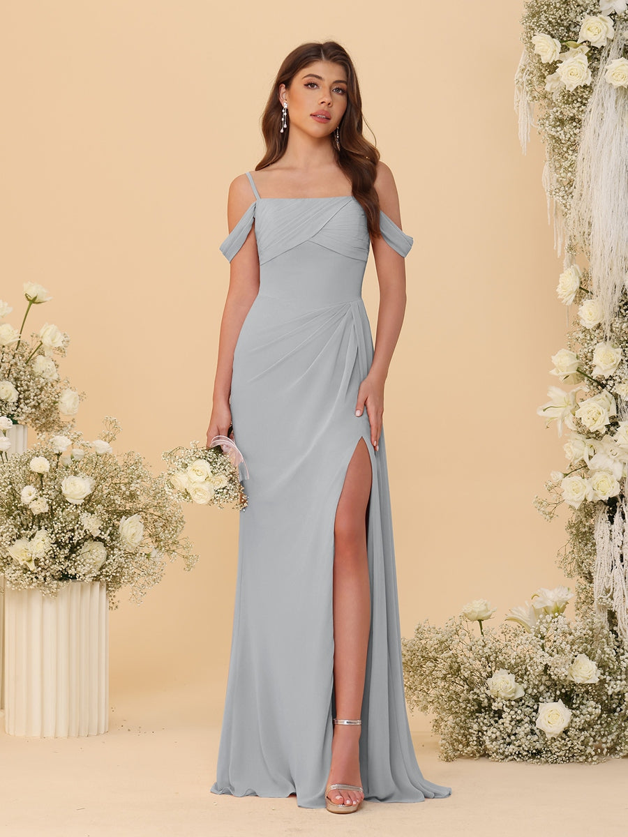 Sheath/Column Off-the-Shoulder Spaghetti Straps Long Ruched Bridesmaid Dresses With Side Slit Silver