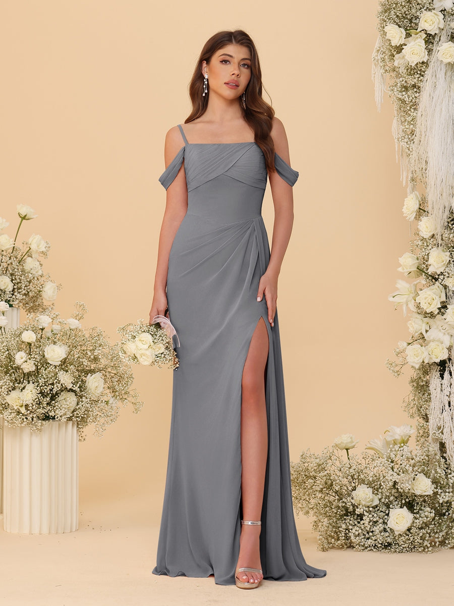 Sheath/Column Off-the-Shoulder Spaghetti Straps Long Ruched Bridesmaid Dresses With Side Slit Silver Gray