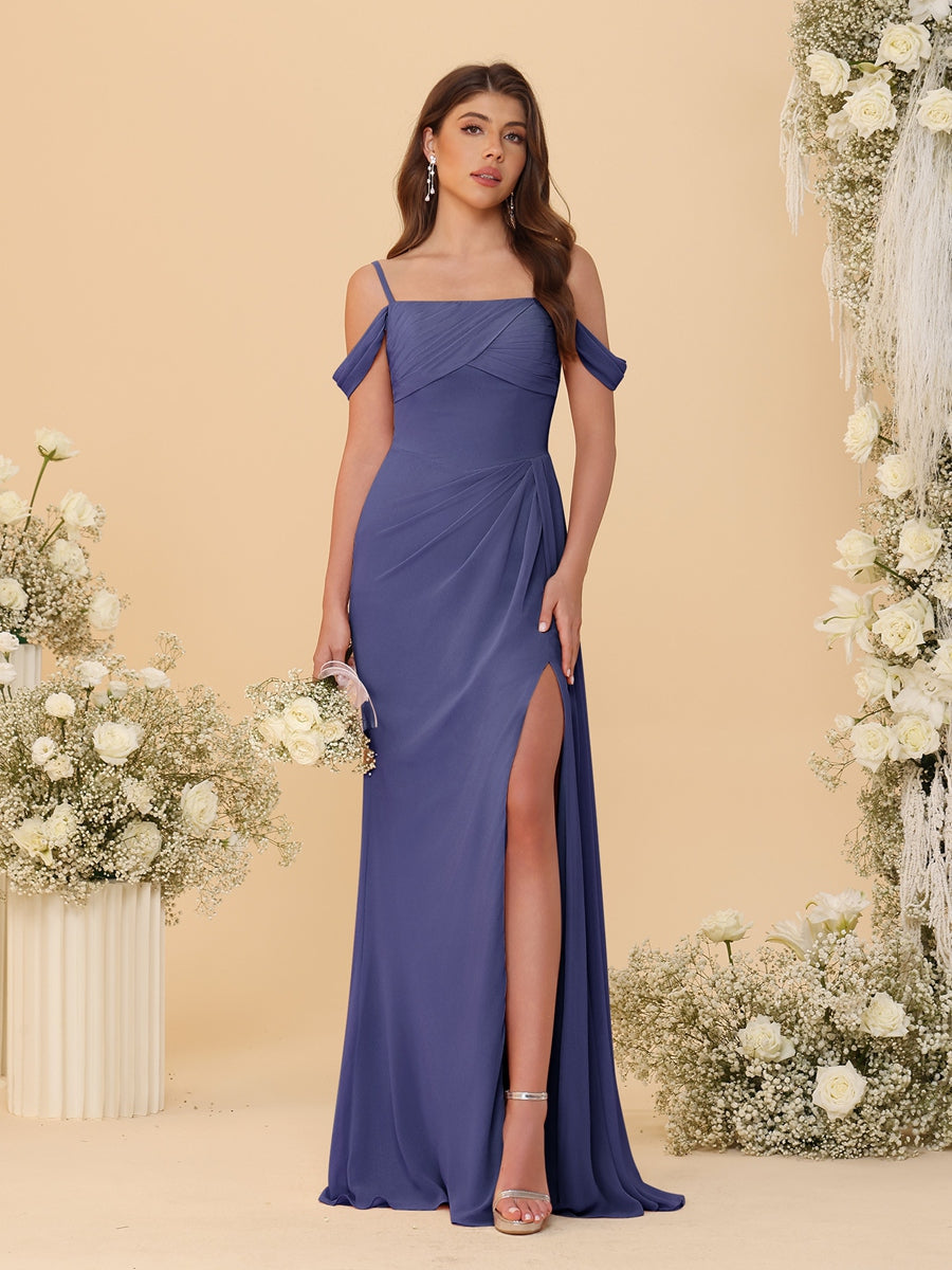 Sheath/Column Off-the-Shoulder Spaghetti Straps Long Ruched Bridesmaid Dresses With Side Slit Stormy Blue