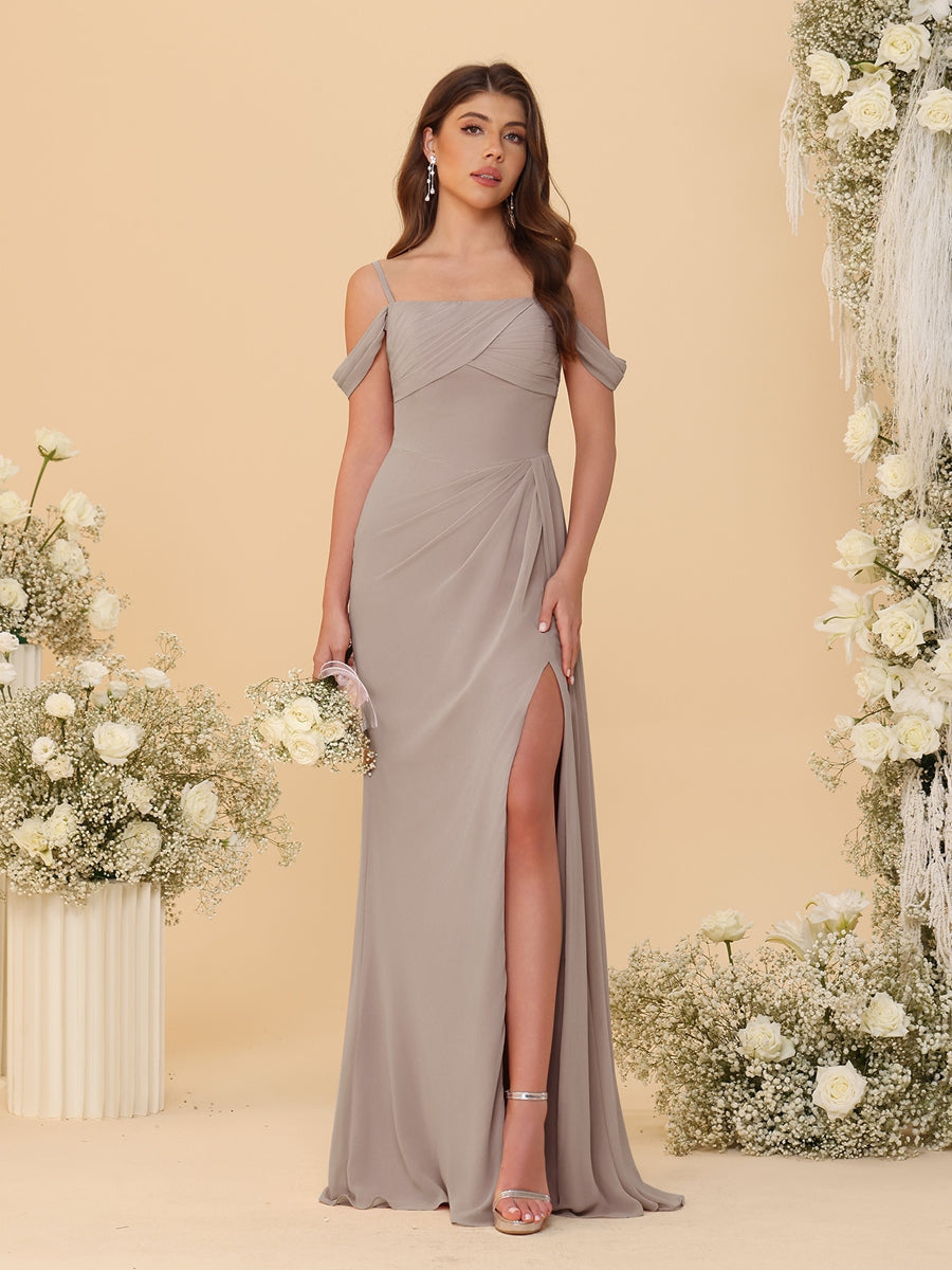 Sheath/Column Off-the-Shoulder Spaghetti Straps Long Ruched Bridesmaid Dresses With Side Slit Taupe