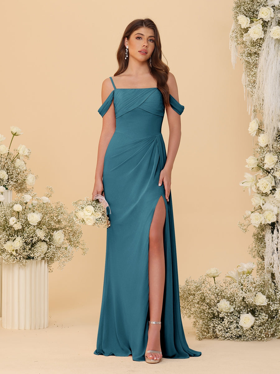 Sheath/Column Off-the-Shoulder Spaghetti Straps Long Ruched Bridesmaid Dresses With Side Slit Teal