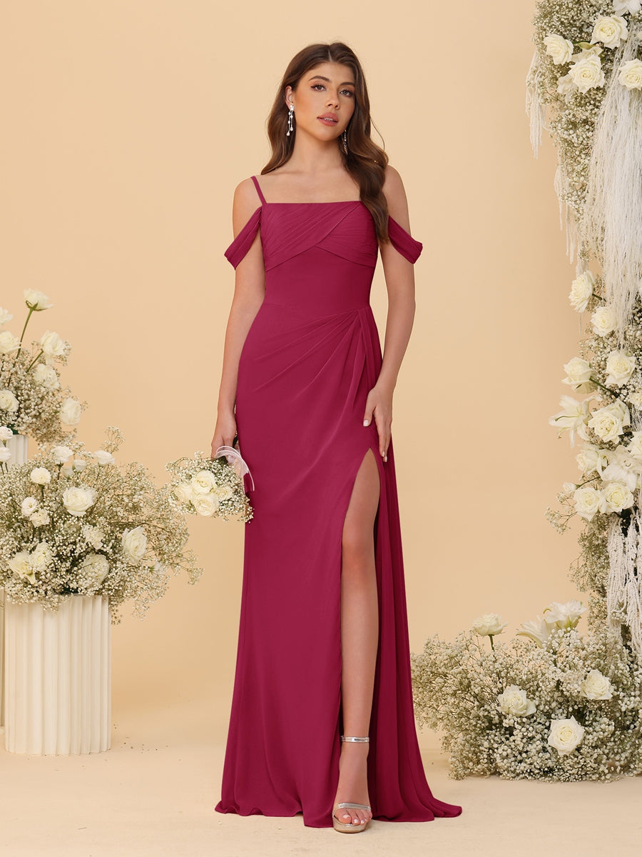 Sheath/Column Off-the-Shoulder Spaghetti Straps Long Ruched Bridesmaid Dresses With Side Slit Wine Red