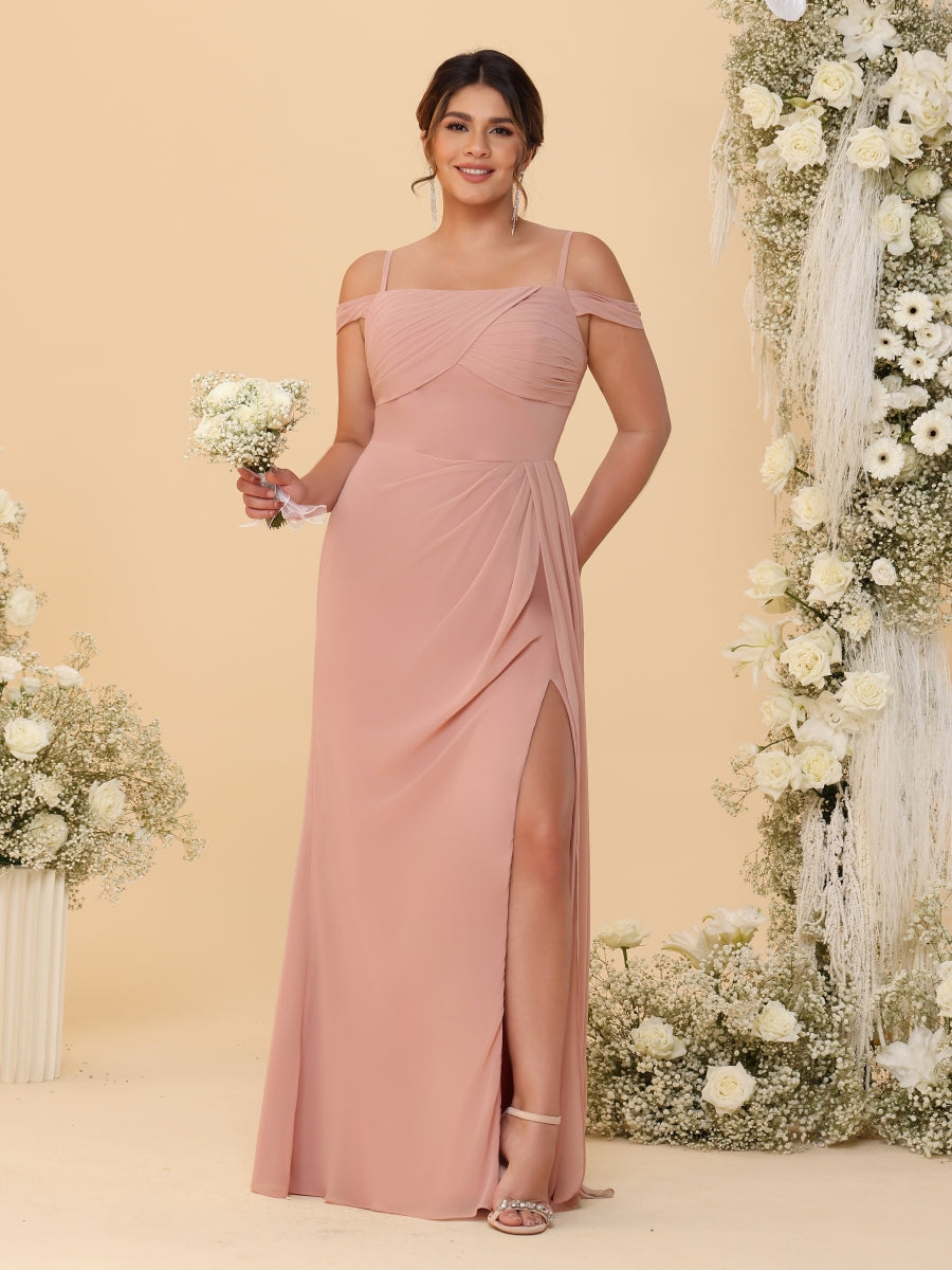 Sheath/Column Off-the-Shoulder Spaghetti Straps Plus Size Bridesmaid Dresses With Side Slit