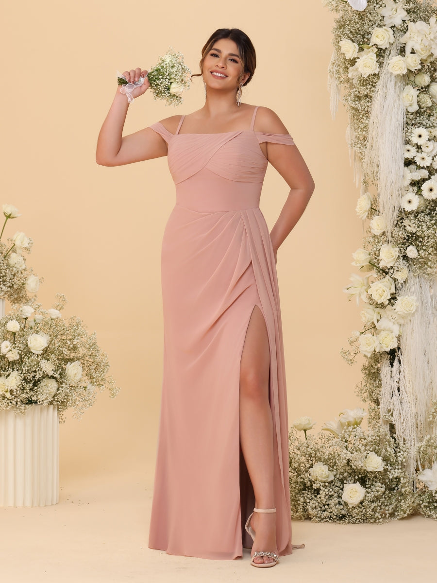 Sheath/Column Off-the-Shoulder Spaghetti Straps Plus Size Bridesmaid Dresses With Side Slit