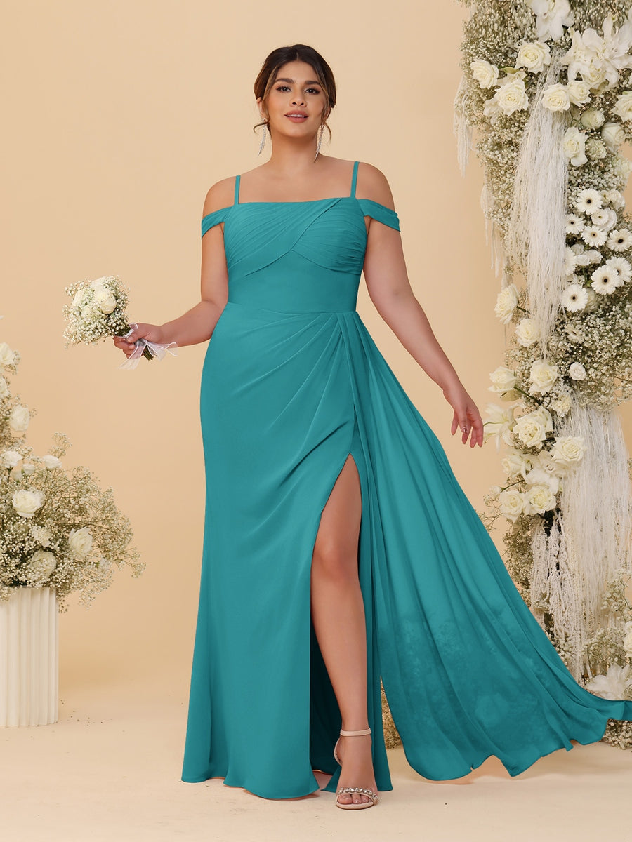Sheath/Column Off-the-Shoulder Spaghetti Straps Plus Size Bridesmaid Dresses With Side Slit Aqua Blue