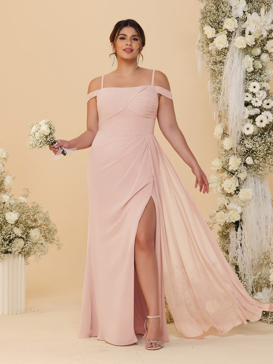 Sheath/Column Off-the-Shoulder Spaghetti Straps Plus Size Bridesmaid Dresses With Side Slit Blush Pink