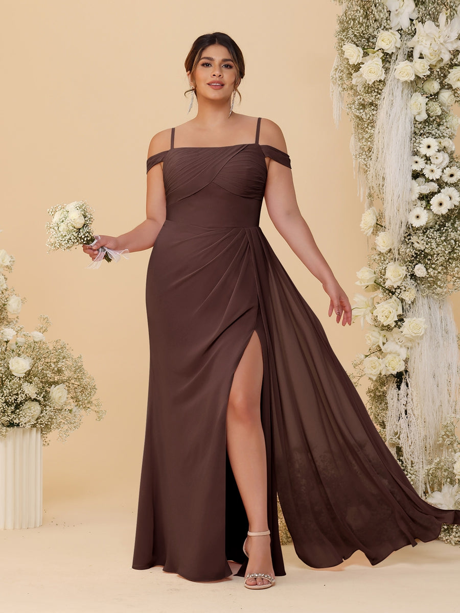 Sheath/Column Off-the-Shoulder Spaghetti Straps Plus Size Bridesmaid Dresses With Side Slit Brown