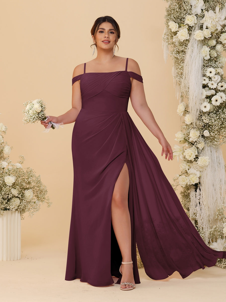 Sheath/Column Off-the-Shoulder Spaghetti Straps Plus Size Bridesmaid Dresses With Side Slit Burgundy
