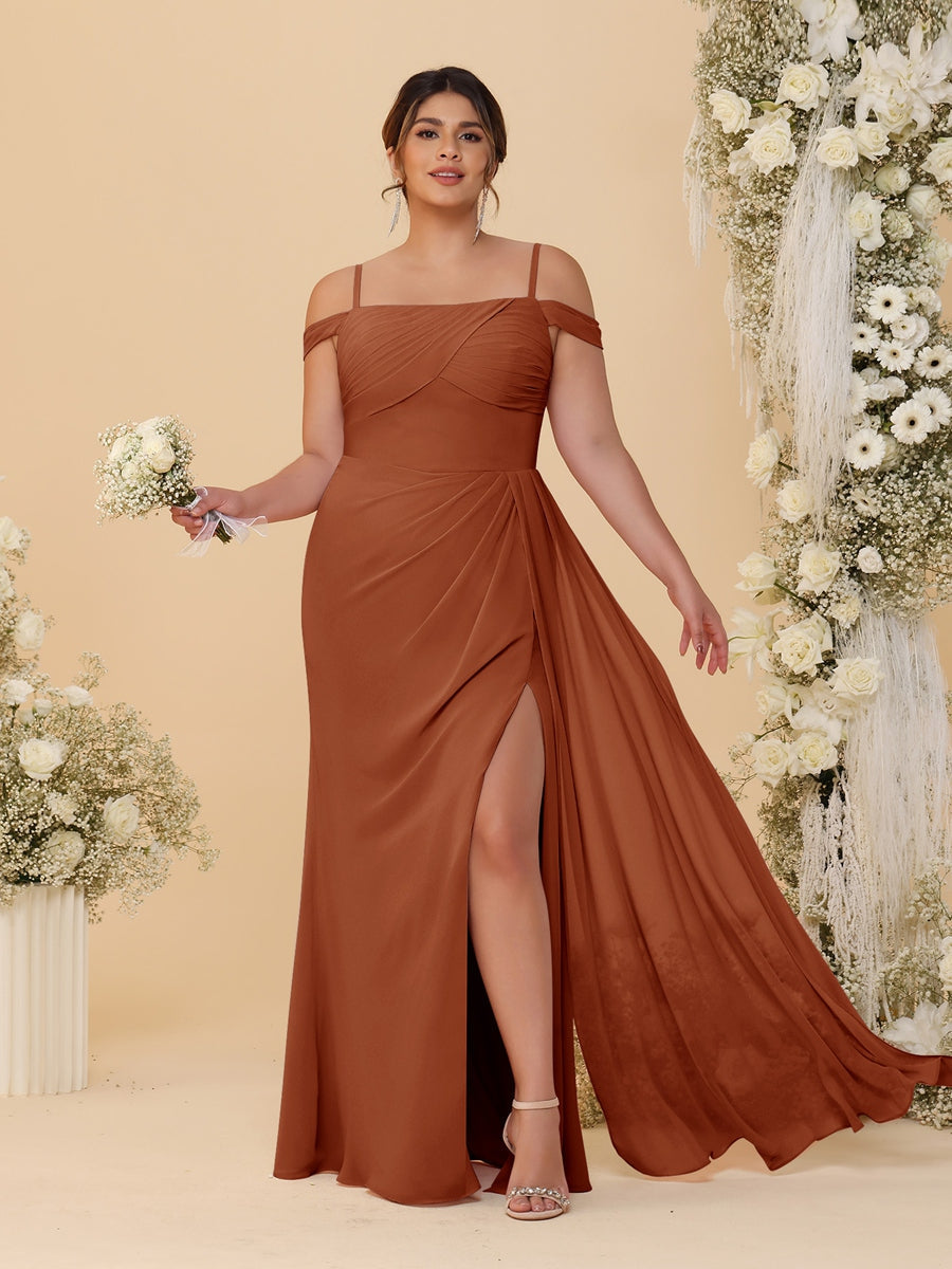 Sheath/Column Off-the-Shoulder Spaghetti Straps Plus Size Bridesmaid Dresses With Side Slit Burnt Orange