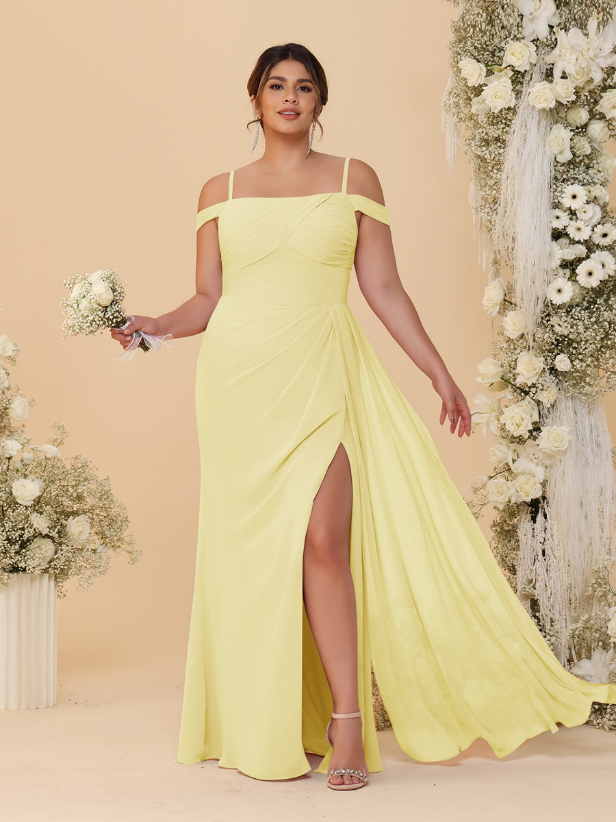 Sheath/Column Off-the-Shoulder Spaghetti Straps Plus Size Bridesmaid Dresses With Side Slit Canary