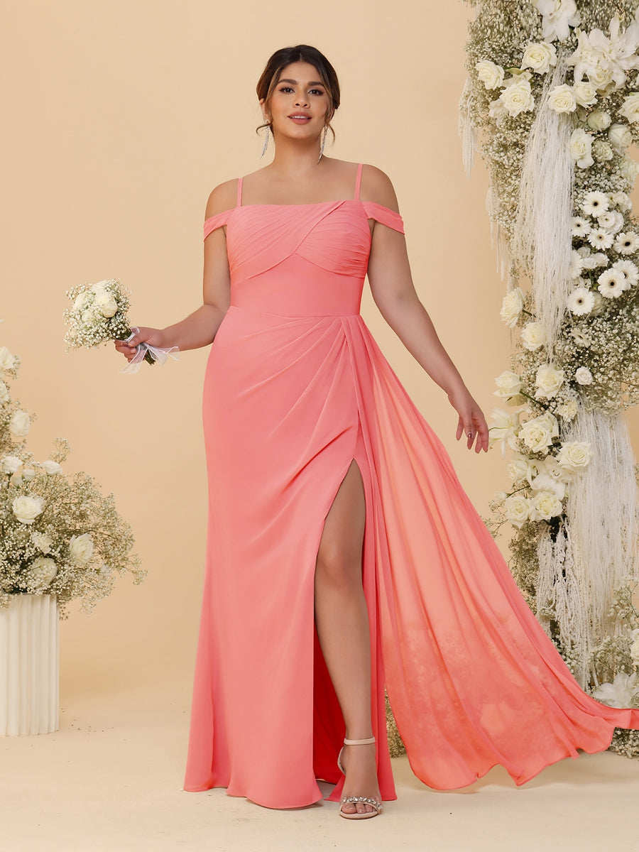 Sheath/Column Off-the-Shoulder Spaghetti Straps Plus Size Bridesmaid Dresses With Side Slit Coral