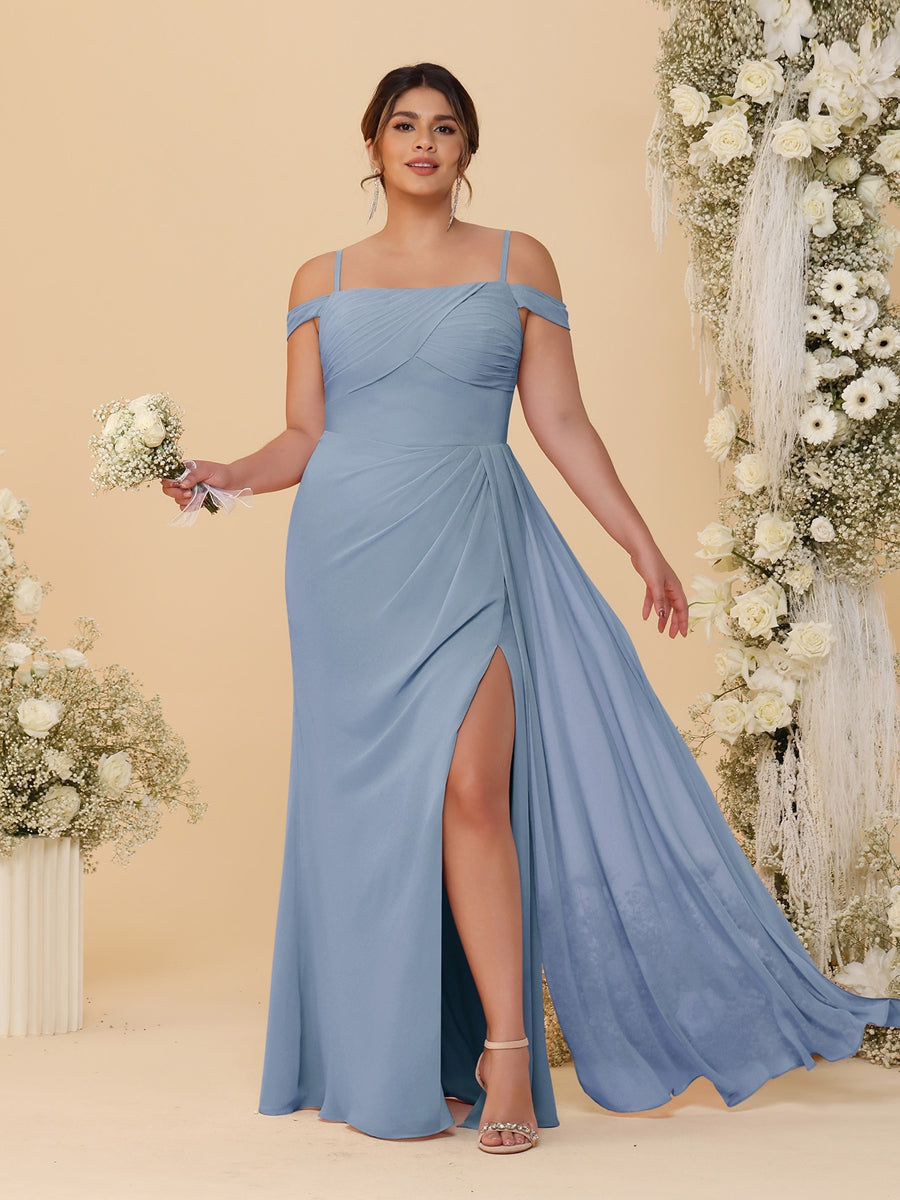 Sheath/Column Off-the-Shoulder Spaghetti Straps Plus Size Bridesmaid Dresses With Side Slit Dusty Blue