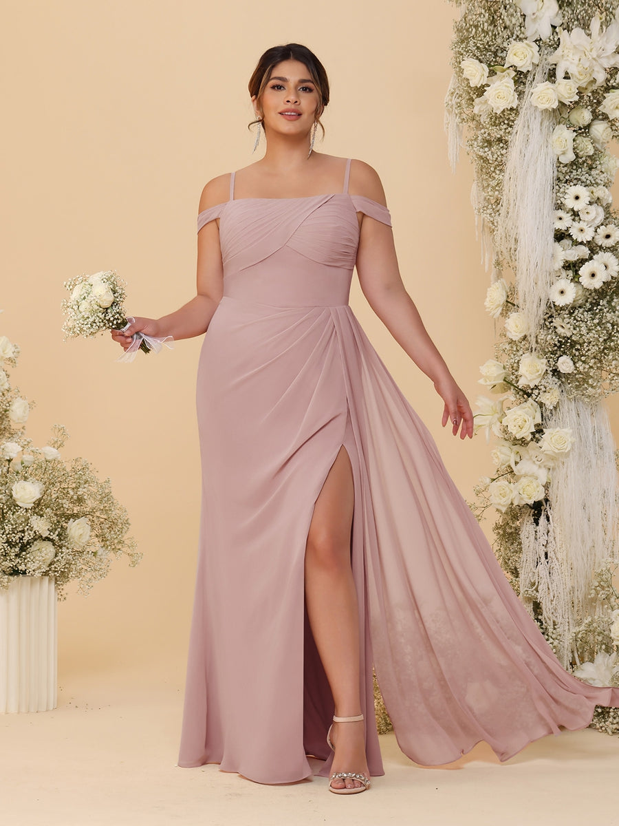 Sheath/Column Off-the-Shoulder Spaghetti Straps Plus Size Bridesmaid Dresses With Side Slit Dusty Pink