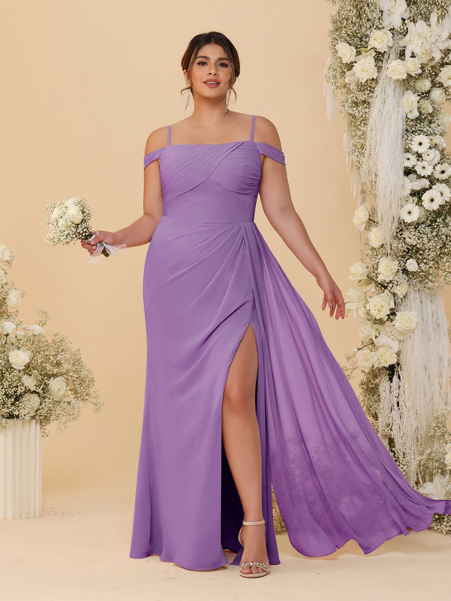 Sheath/Column Off-the-Shoulder Spaghetti Straps Plus Size Bridesmaid Dresses With Side Slit Dusty Purple