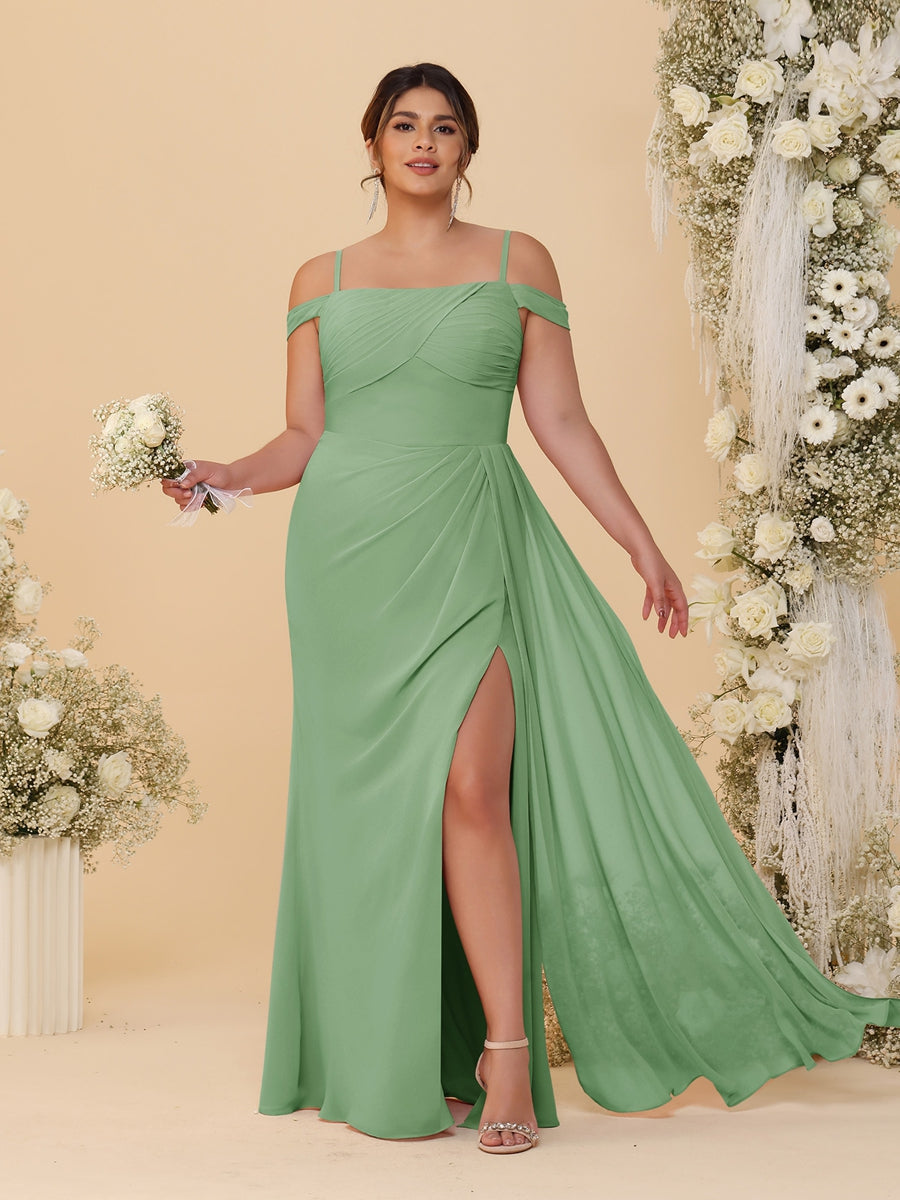 Sheath/Column Off-the-Shoulder Spaghetti Straps Plus Size Bridesmaid Dresses With Side Slit Dusty Sage